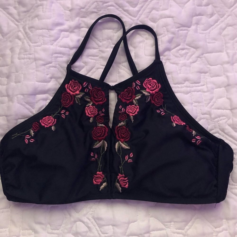black and pink rose halter swimsuit top